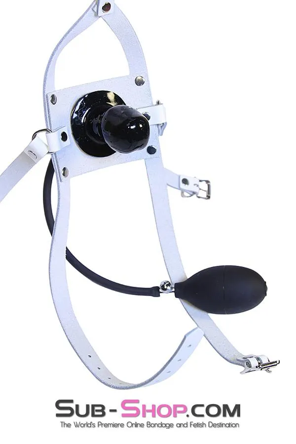 0961A      Pump It Up White Leather Penis Pump Gag Trainer