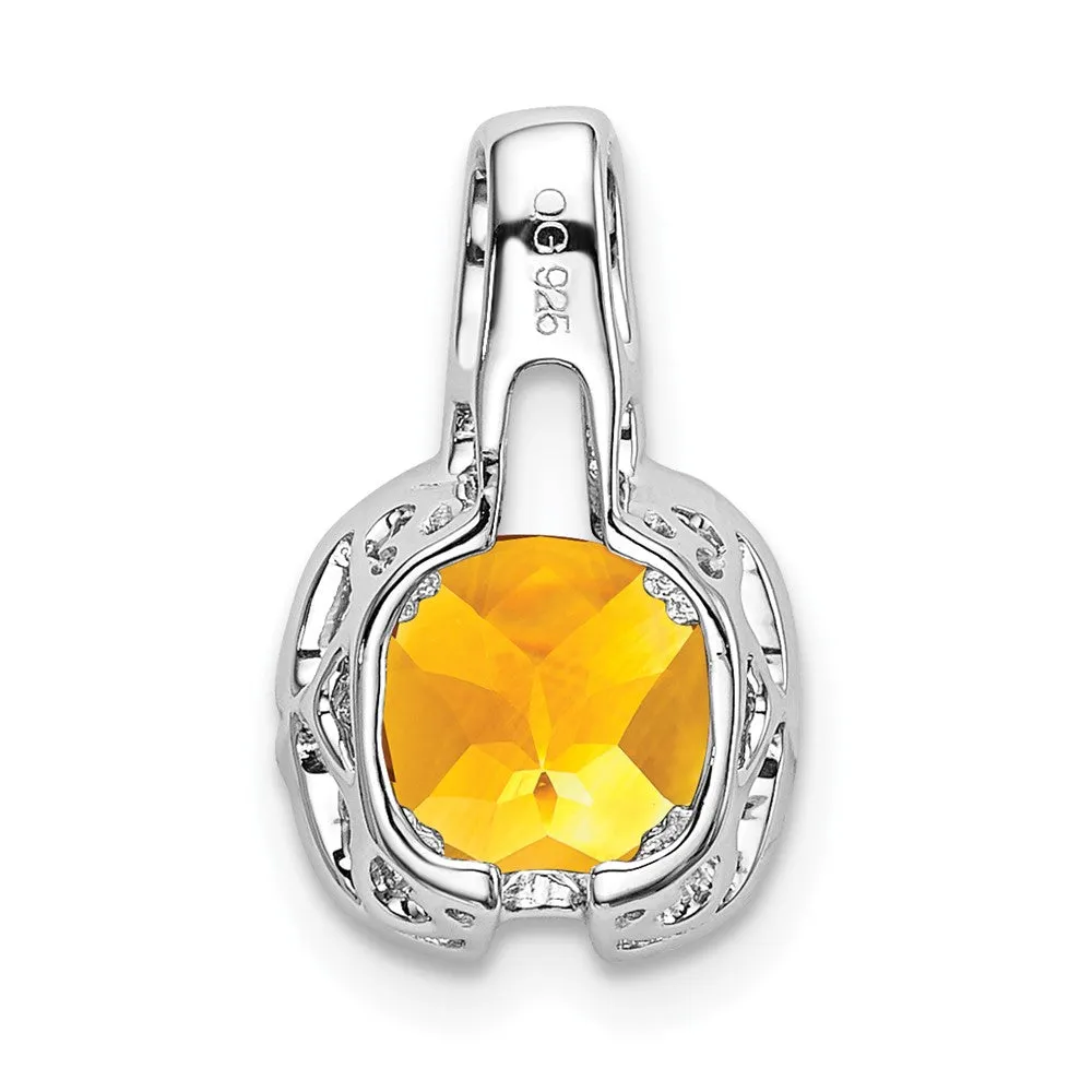 14k White Gold Cushion Citrine and Diamond Pendant