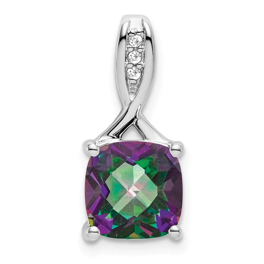 14k White Gold Cushion Mystic Fire Topaz and Diamond Pendant