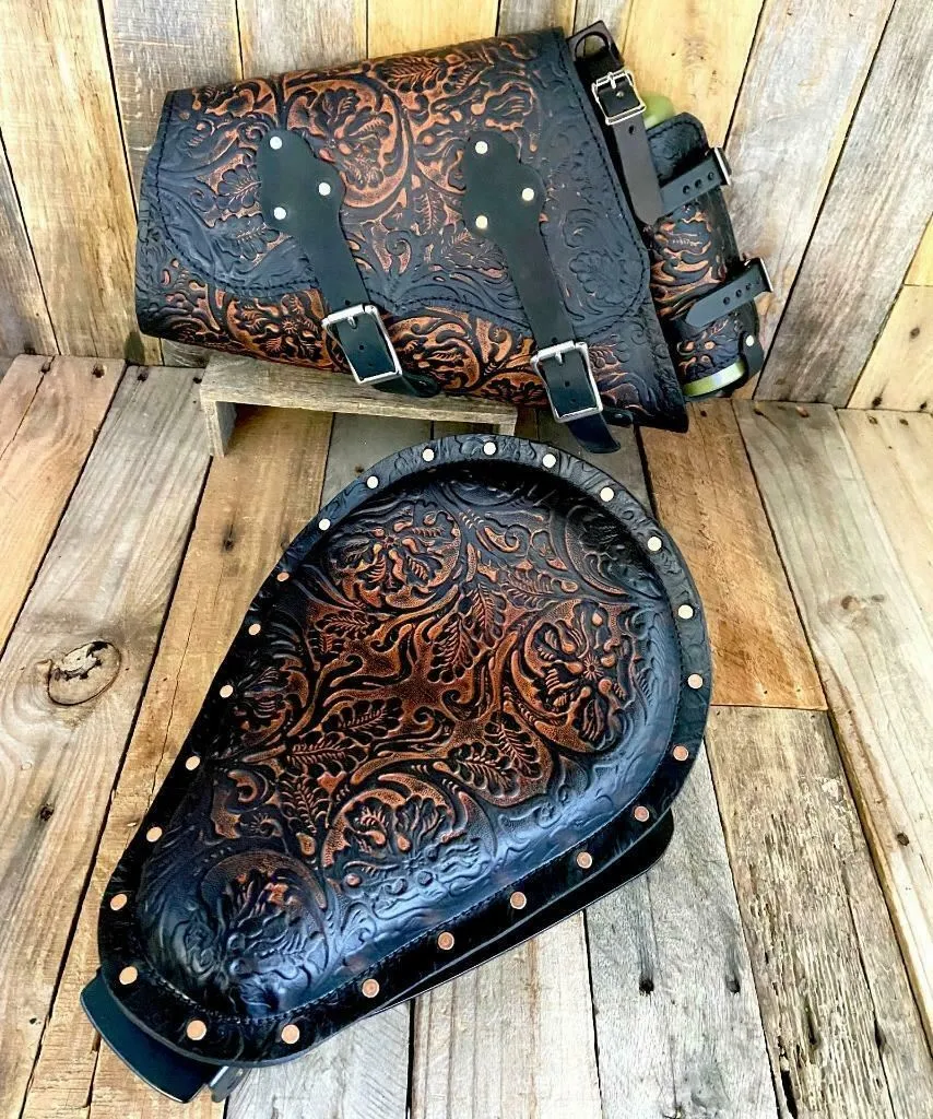 2010-2022 Sportster Harley Seat pad Kit Saddle Bag Fuel Bottle Ant Brn Oak Leaf