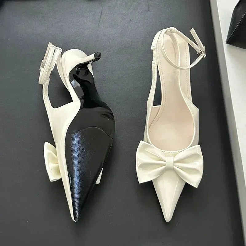 ADVBRIDGE  -  Nude Pink Butterfly-Knot Ankle Strap Women Pumps Sexy Pointed Toe Patent Leather High Heels Elegant Heeled Sandals Party Shoes