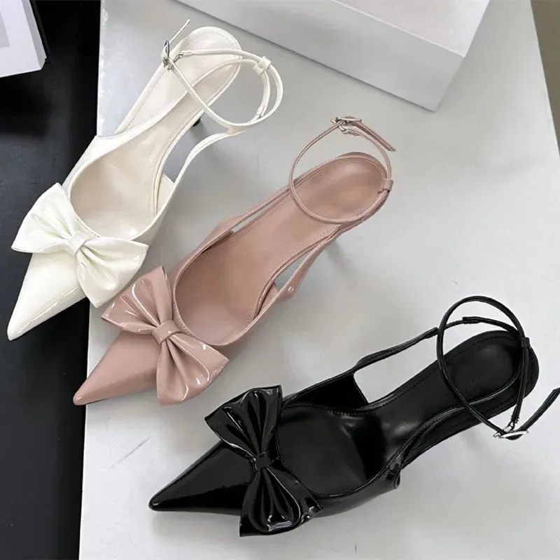 ADVBRIDGE  -  Nude Pink Butterfly-Knot Ankle Strap Women Pumps Sexy Pointed Toe Patent Leather High Heels Elegant Heeled Sandals Party Shoes