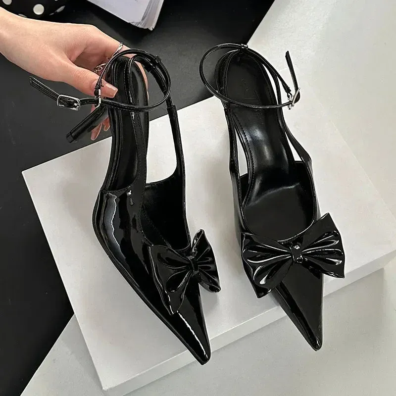 ADVBRIDGE  -  Nude Pink Butterfly-Knot Ankle Strap Women Pumps Sexy Pointed Toe Patent Leather High Heels Elegant Heeled Sandals Party Shoes