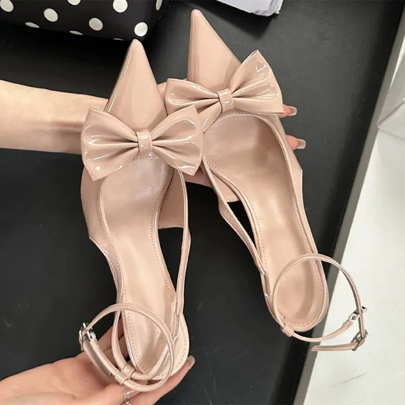 ADVBRIDGE  -  Nude Pink Butterfly-Knot Ankle Strap Women Pumps Sexy Pointed Toe Patent Leather High Heels Elegant Heeled Sandals Party Shoes