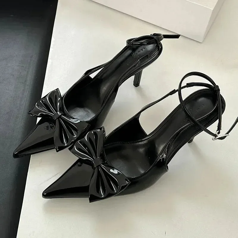 ADVBRIDGE  -  Nude Pink Butterfly-Knot Ankle Strap Women Pumps Sexy Pointed Toe Patent Leather High Heels Elegant Heeled Sandals Party Shoes