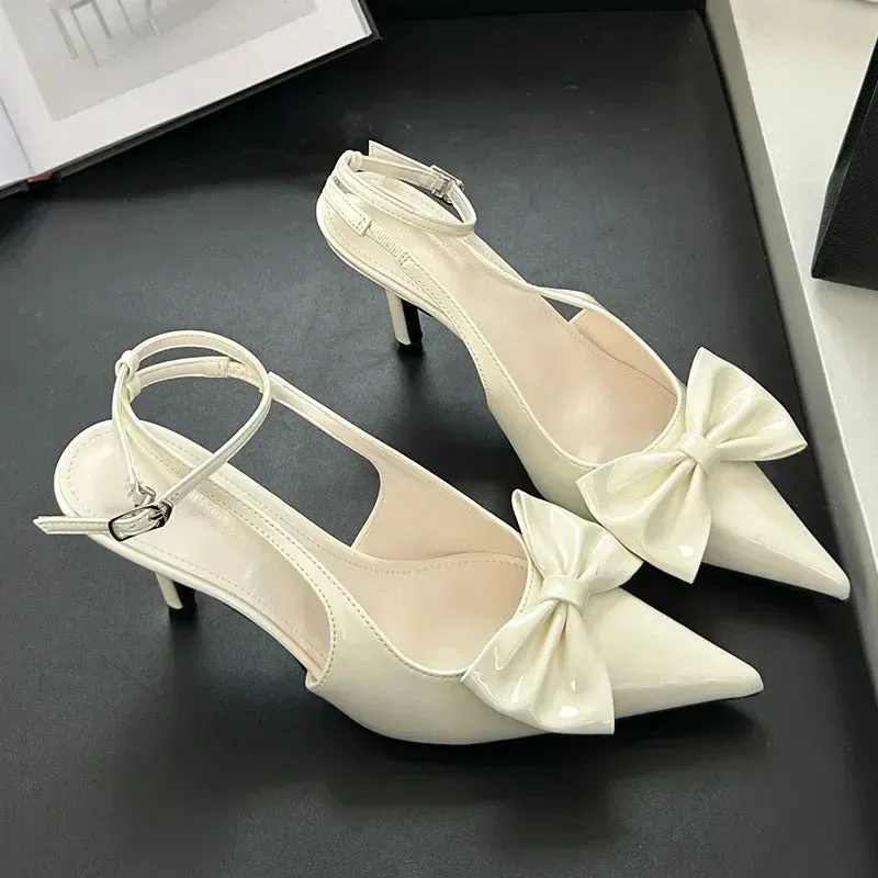 ADVBRIDGE  -  Nude Pink Butterfly-Knot Ankle Strap Women Pumps Sexy Pointed Toe Patent Leather High Heels Elegant Heeled Sandals Party Shoes