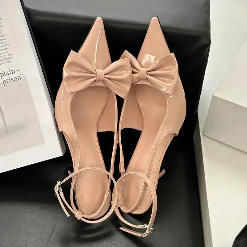 ADVBRIDGE  -  Nude Pink Butterfly-Knot Ankle Strap Women Pumps Sexy Pointed Toe Patent Leather High Heels Elegant Heeled Sandals Party Shoes