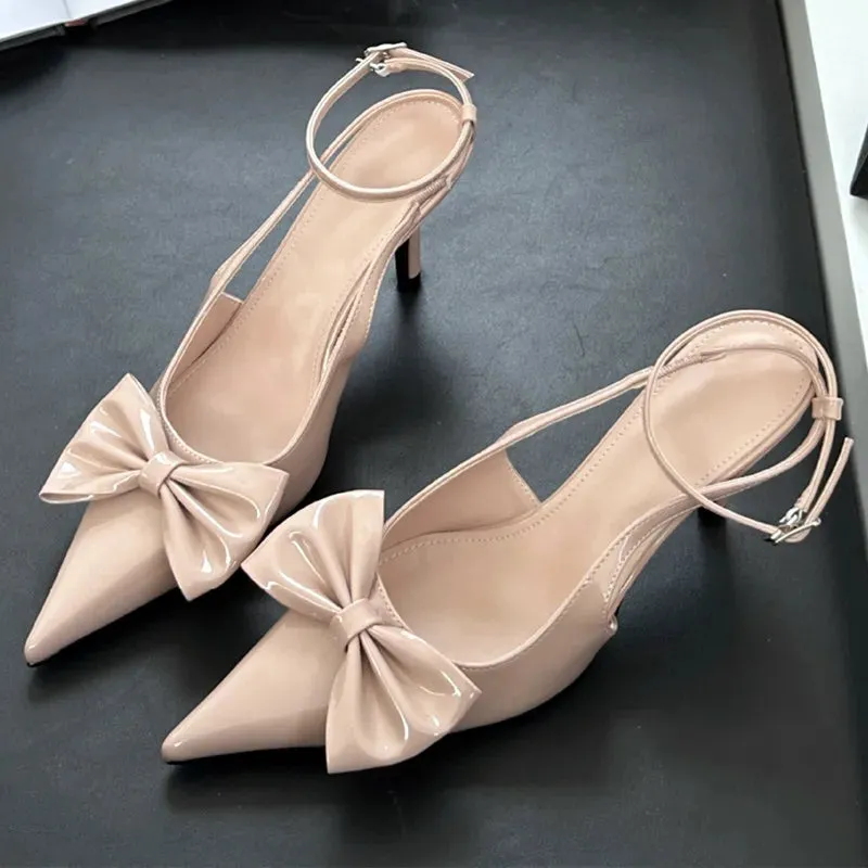 ADVBRIDGE  -  Nude Pink Butterfly-Knot Ankle Strap Women Pumps Sexy Pointed Toe Patent Leather High Heels Elegant Heeled Sandals Party Shoes