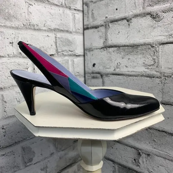 Bally Vintage Pointy Toe Sling Back Patent Black Leather Colour Block Pump