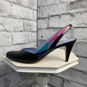 Bally Vintage Pointy Toe Sling Back Patent Black Leather Colour Block Pump