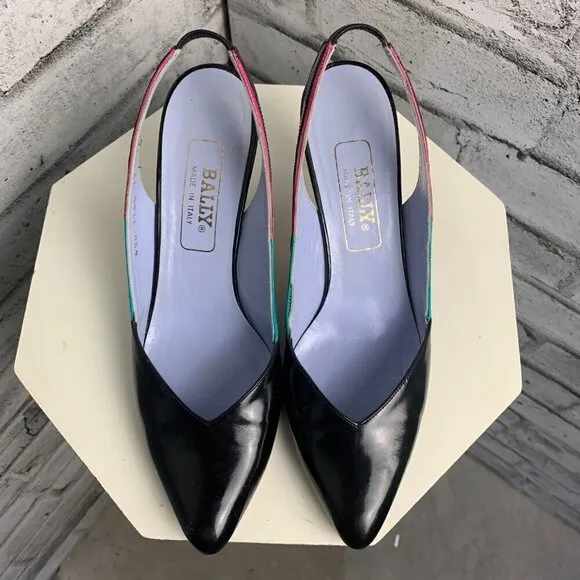 Bally Vintage Pointy Toe Sling Back Patent Black Leather Colour Block Pump