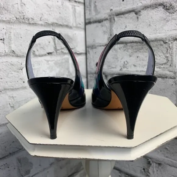 Bally Vintage Pointy Toe Sling Back Patent Black Leather Colour Block Pump