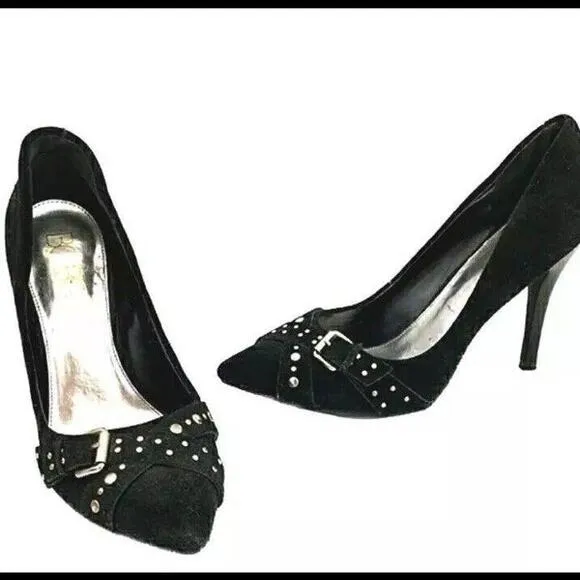 😎🖤BCBG Black Suede Studded Pump 4” Stacked Heel NEW