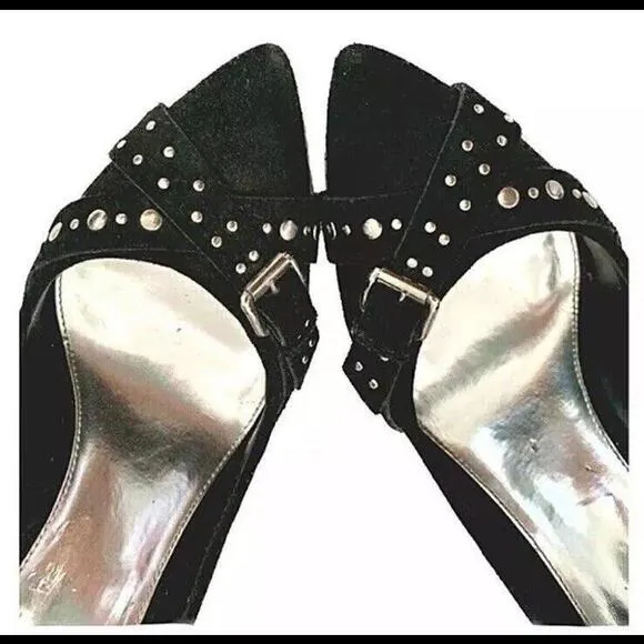 😎🖤BCBG Black Suede Studded Pump 4” Stacked Heel NEW