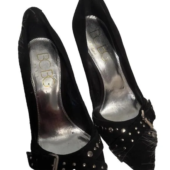 😎🖤BCBG Black Suede Studded Pump 4” Stacked Heel NEW