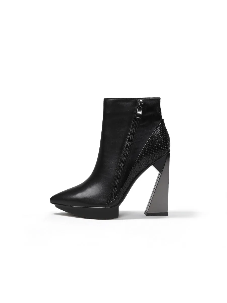 Black Contrast Block Heel Zip Genuine Leather Boot