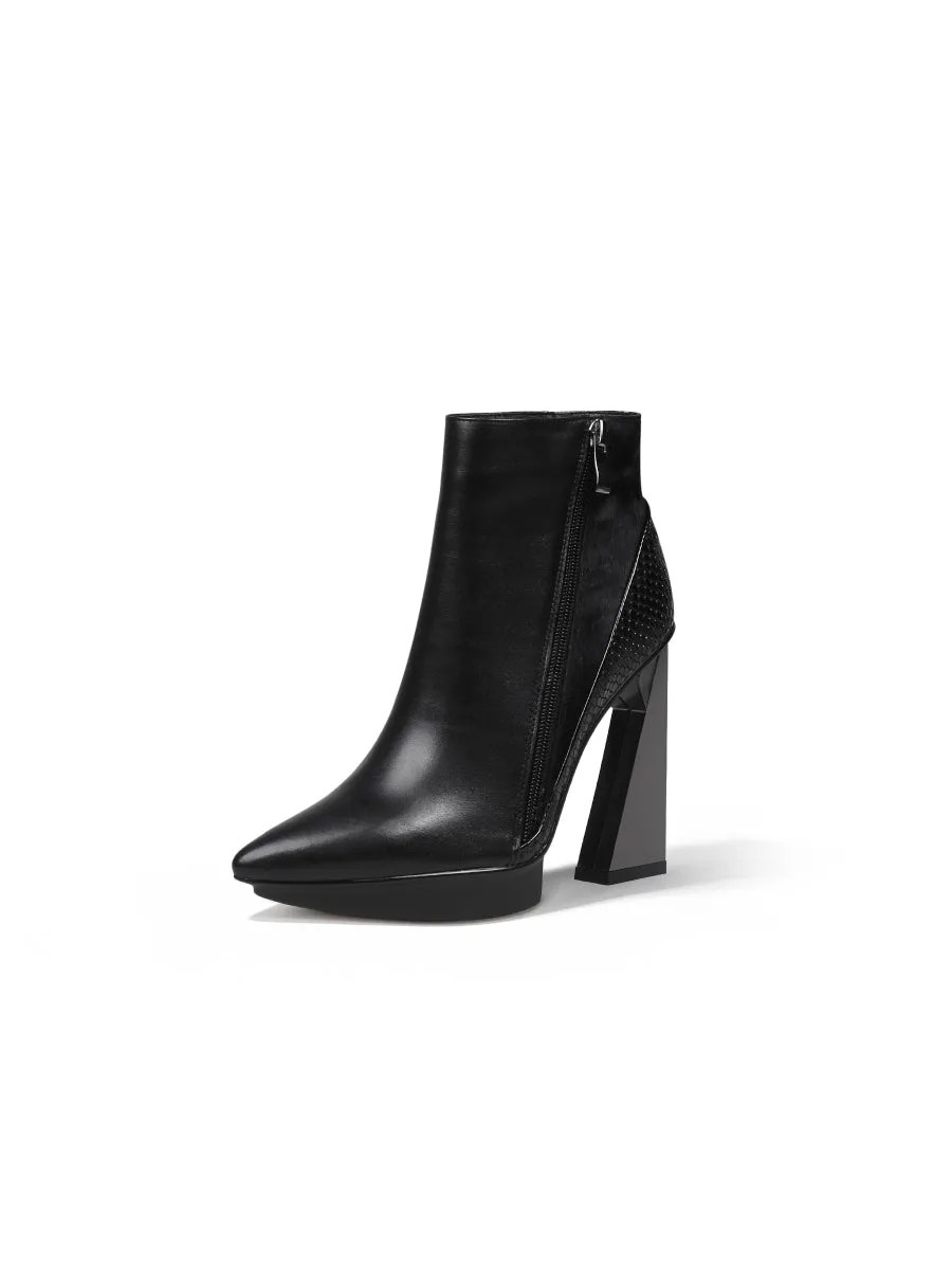 Black Contrast Block Heel Zip Genuine Leather Boot