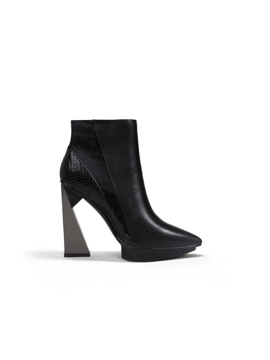 Black Contrast Block Heel Zip Genuine Leather Boot