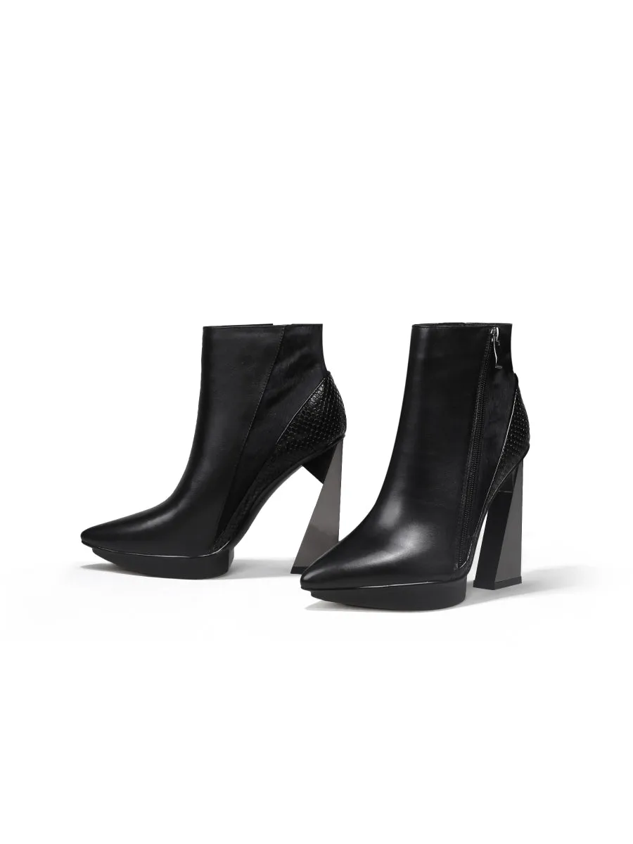 Black Contrast Block Heel Zip Genuine Leather Boot