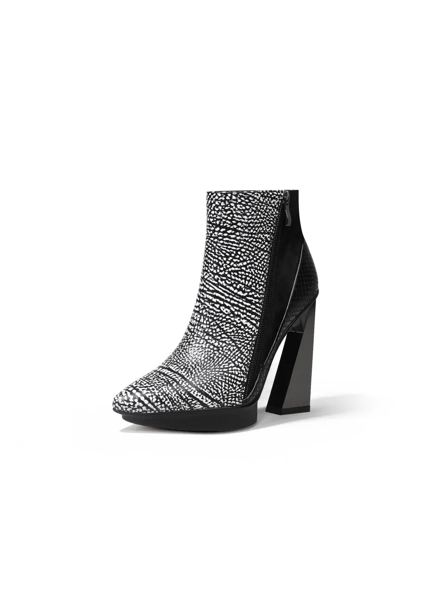 Black White Flakes Block Heel Zip Genuine Leather Boot