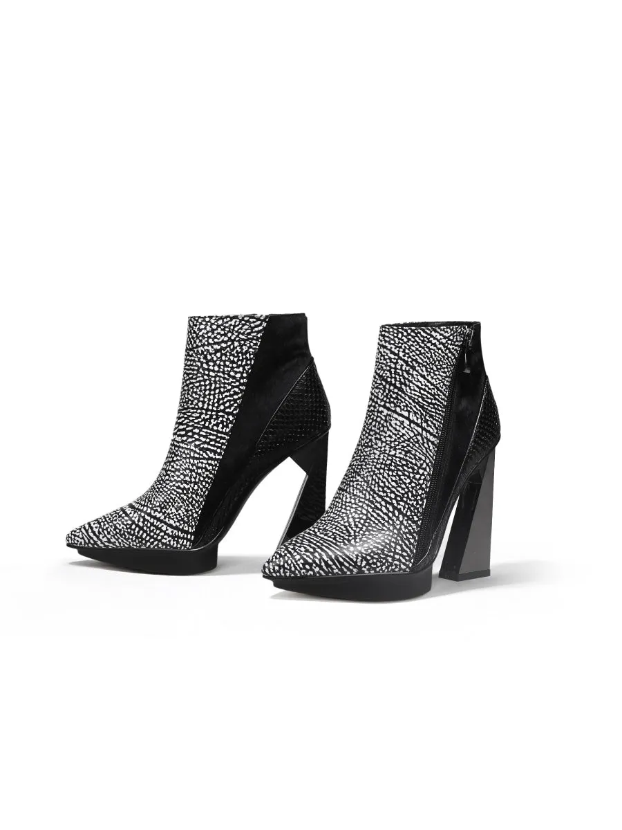 Black White Flakes Block Heel Zip Genuine Leather Boot
