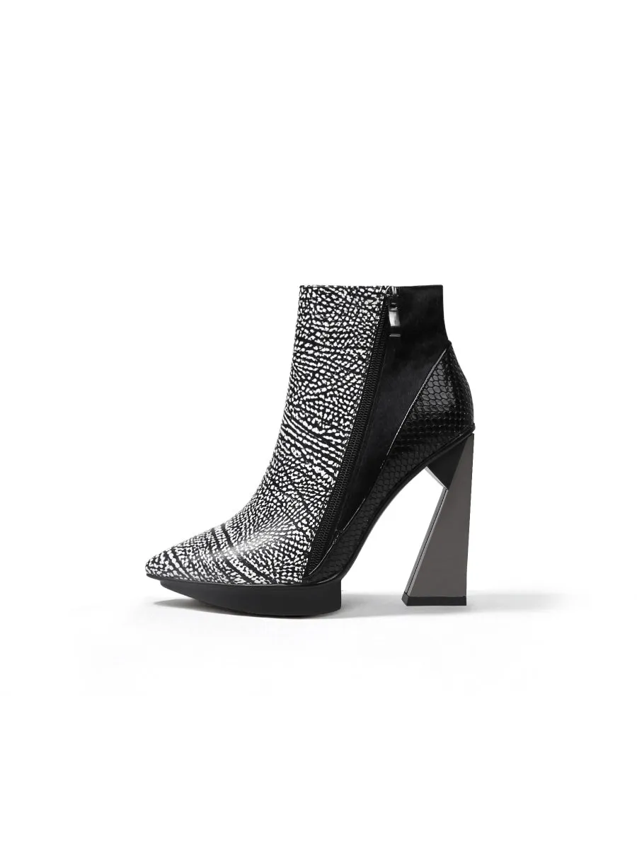 Black White Flakes Block Heel Zip Genuine Leather Boot