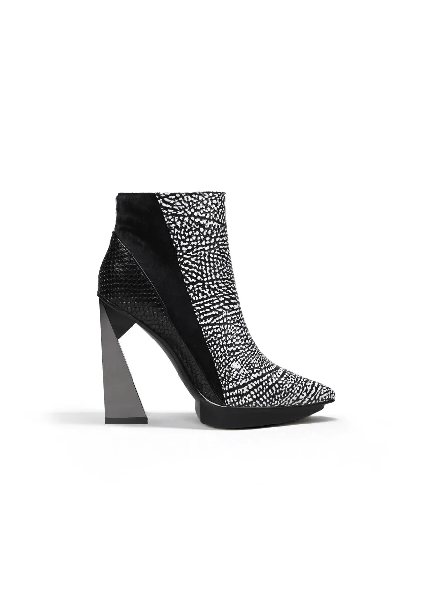 Black White Flakes Block Heel Zip Genuine Leather Boot