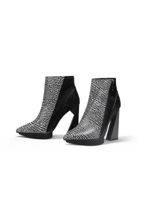 Black White Flakes Block Heel Zip Genuine Leather Boot
