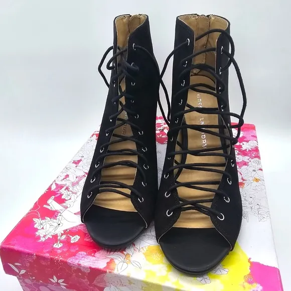 Chinese Laundry Black Lace-Up Gladiator Open Toe Heeled Booties Size 8.5M