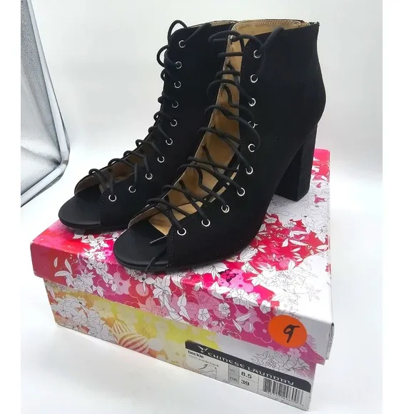 Chinese Laundry Black Lace-Up Gladiator Open Toe Heeled Booties Size 8.5M