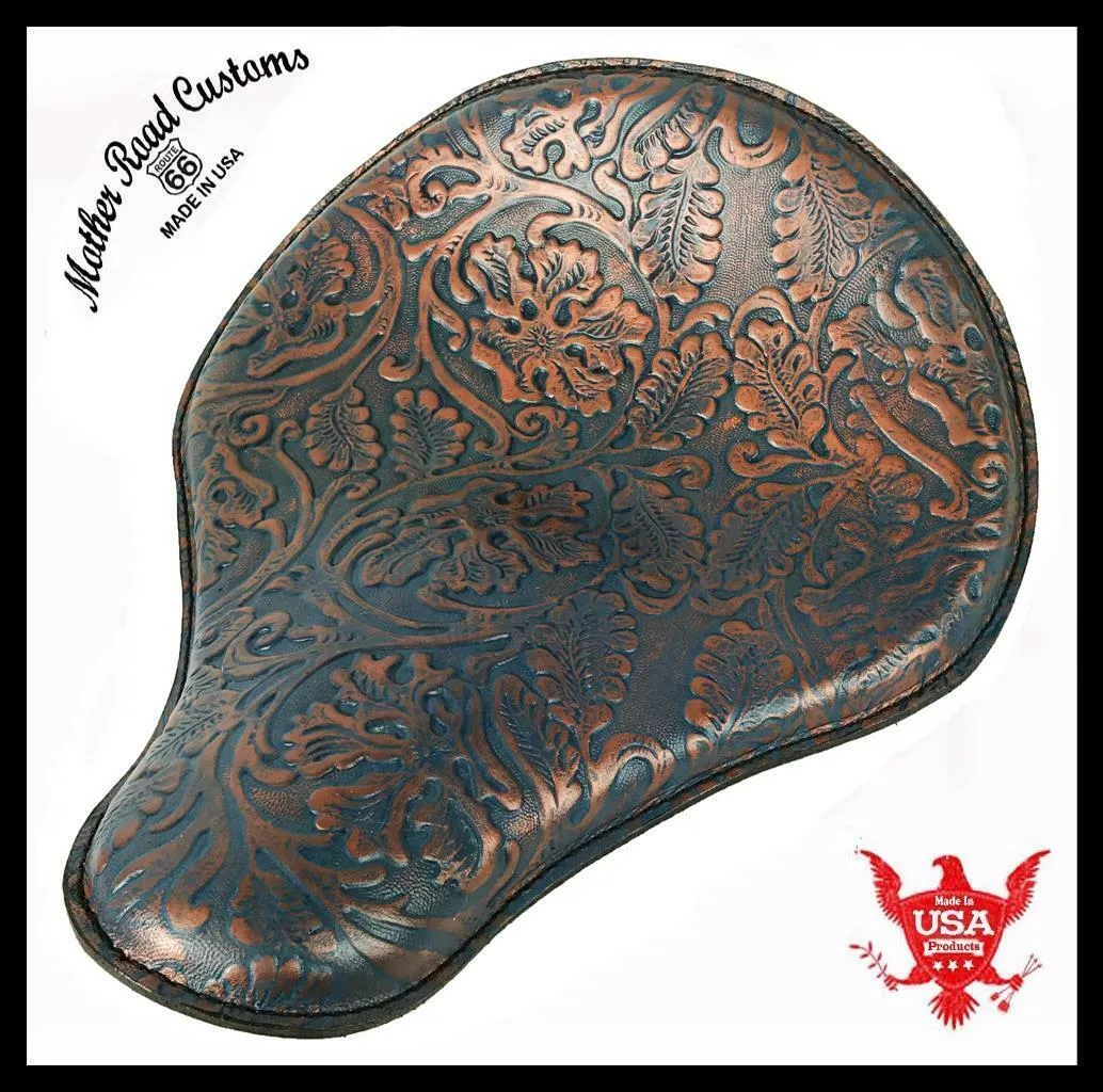 Chopper Spring Solo Seat Sportster Harley 13x15" Blue Copper Oak Leaf