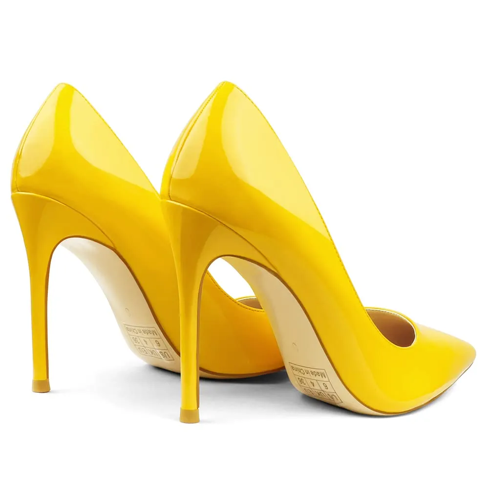 COLETER Women's 4 Inch Pumps Pointy Toe Wedding Dress Shoes Slip on Stiletto Pumps Patent Yellow 10 US
