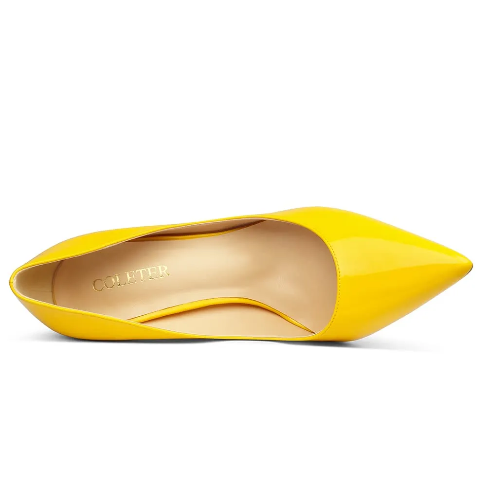 COLETER Women's 4 Inch Pumps Pointy Toe Wedding Dress Shoes Slip on Stiletto Pumps Patent Yellow 10 US