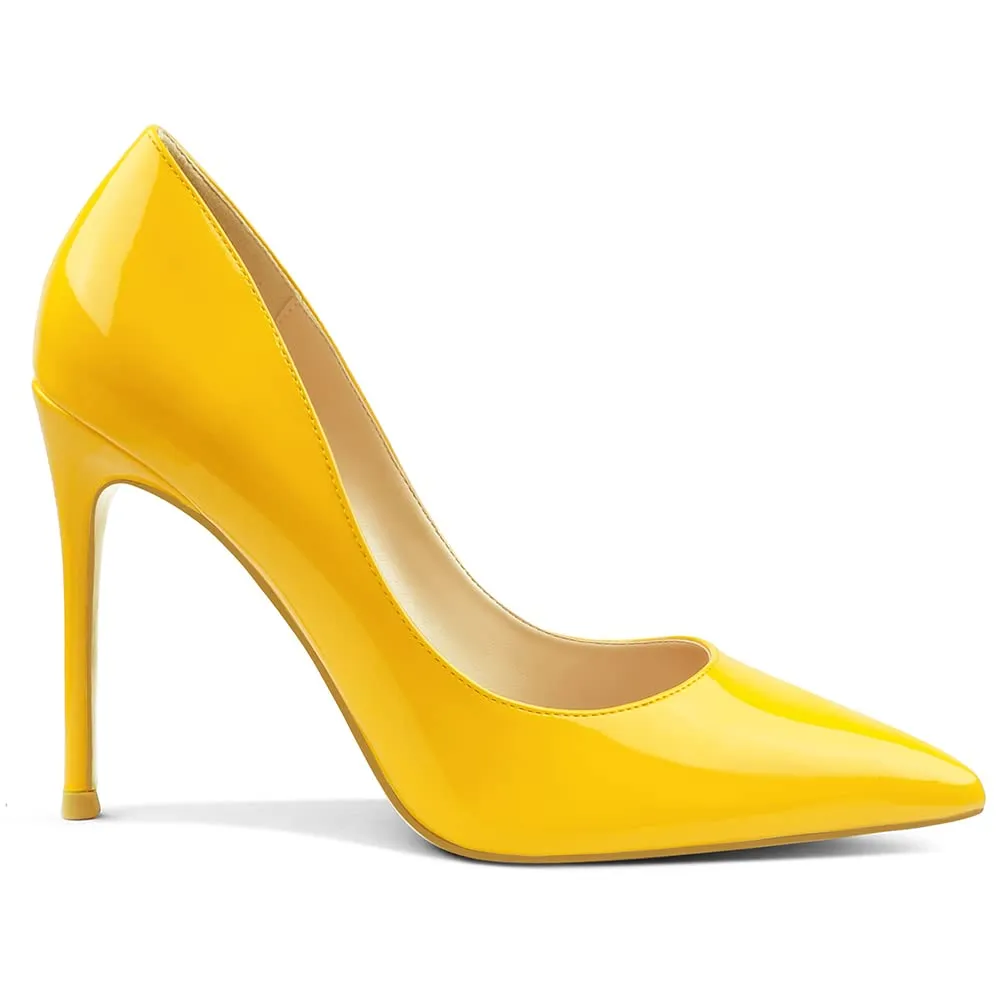 COLETER Women's 4 Inch Pumps Pointy Toe Wedding Dress Shoes Slip on Stiletto Pumps Patent Yellow 10 US