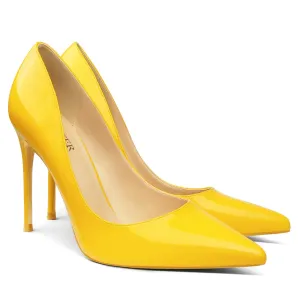 COLETER Women's 4 Inch Pumps Pointy Toe Wedding Dress Shoes Slip on Stiletto Pumps Patent Yellow 10 US