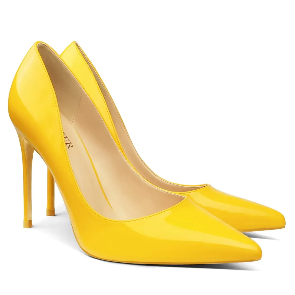 COLETER Women's 4 Inch Pumps Pointy Toe Wedding Dress Shoes Slip on Stiletto Pumps Patent Yellow 10 US