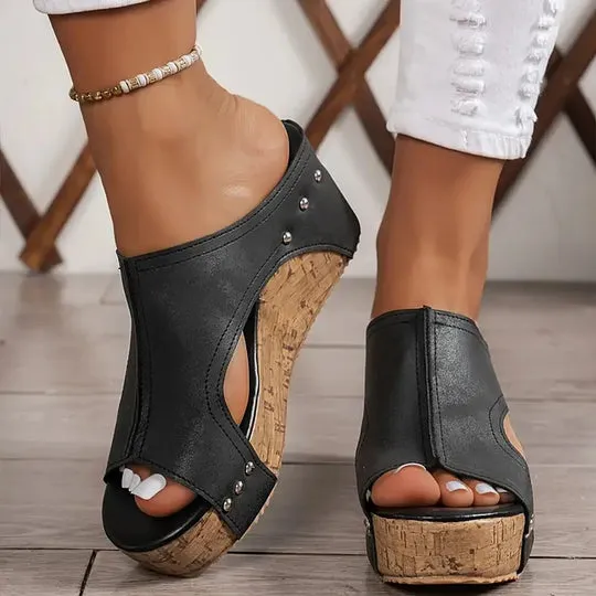 Cork Wedge Sandals | Faux Leather | Stylish and Comfortable