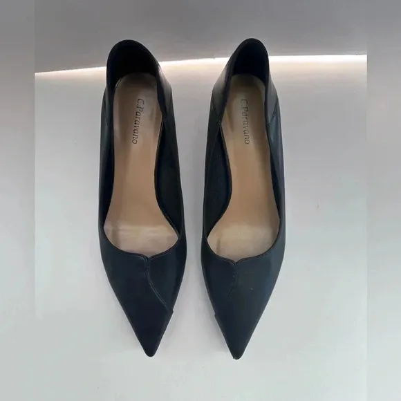 C.Paravano leather kitten heel pointed toe mule pumps black size 40