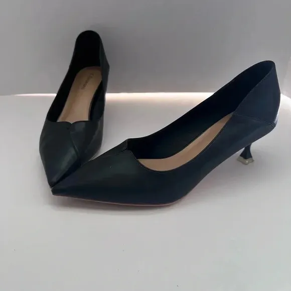 C.Paravano leather kitten heel pointed toe mule pumps black size 40
