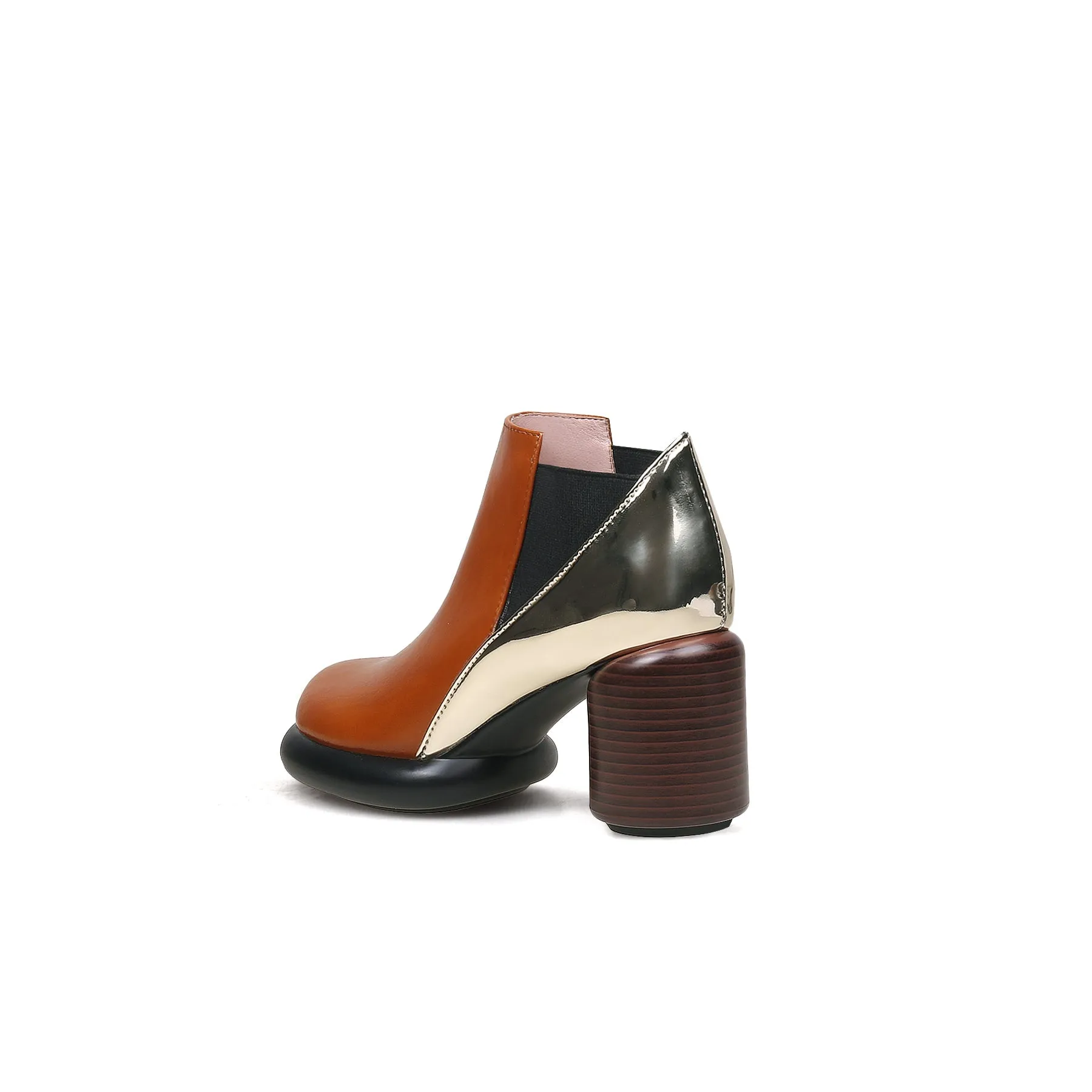 Cylinder Heel Leather Ankle Bootie - Brown