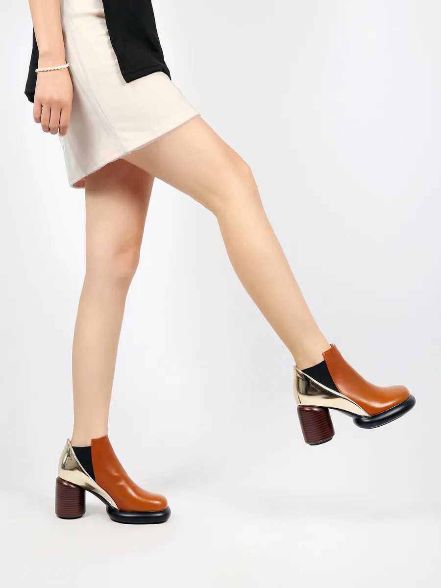 Cylinder Heel Leather Ankle Bootie - Brown