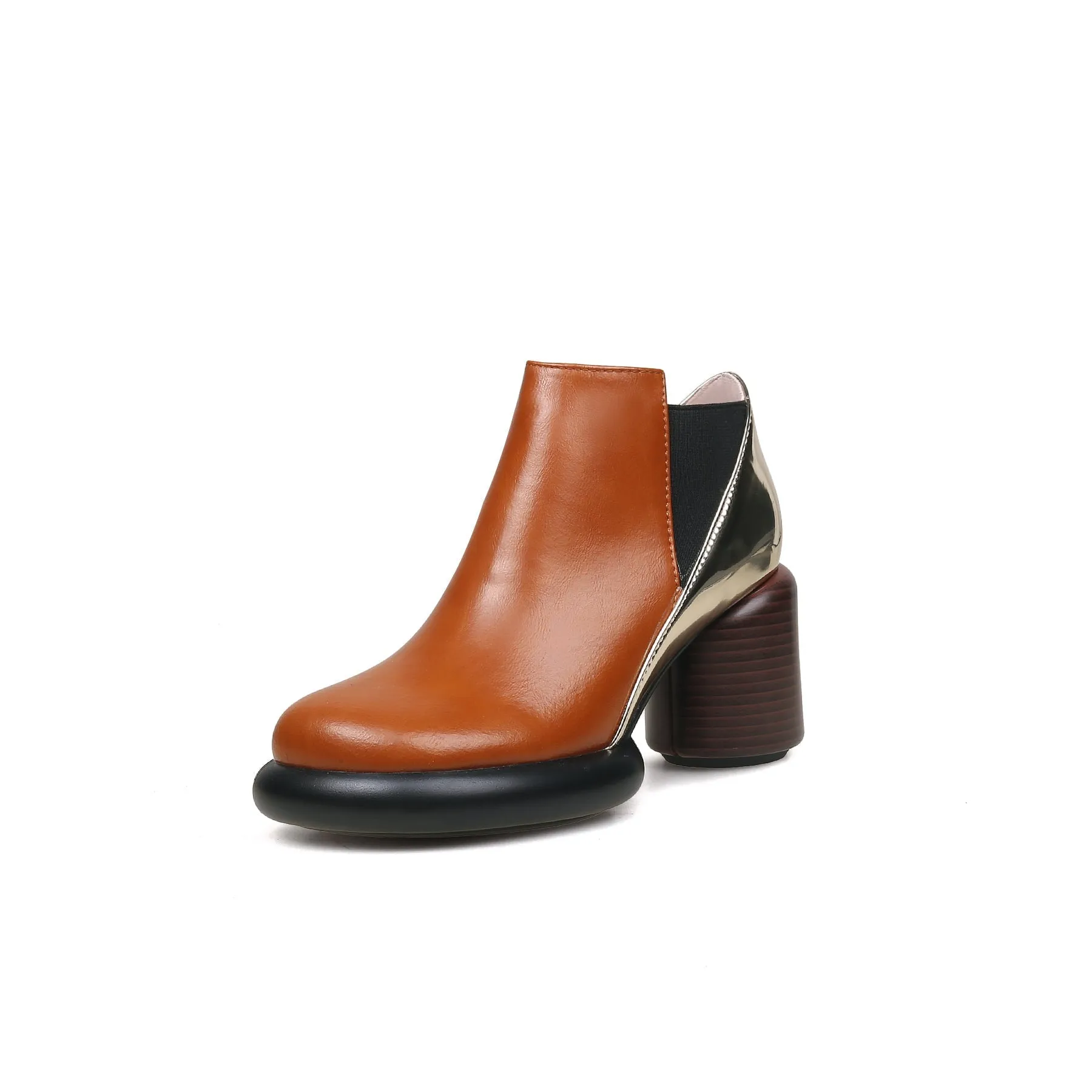Cylinder Heel Leather Ankle Bootie - Brown