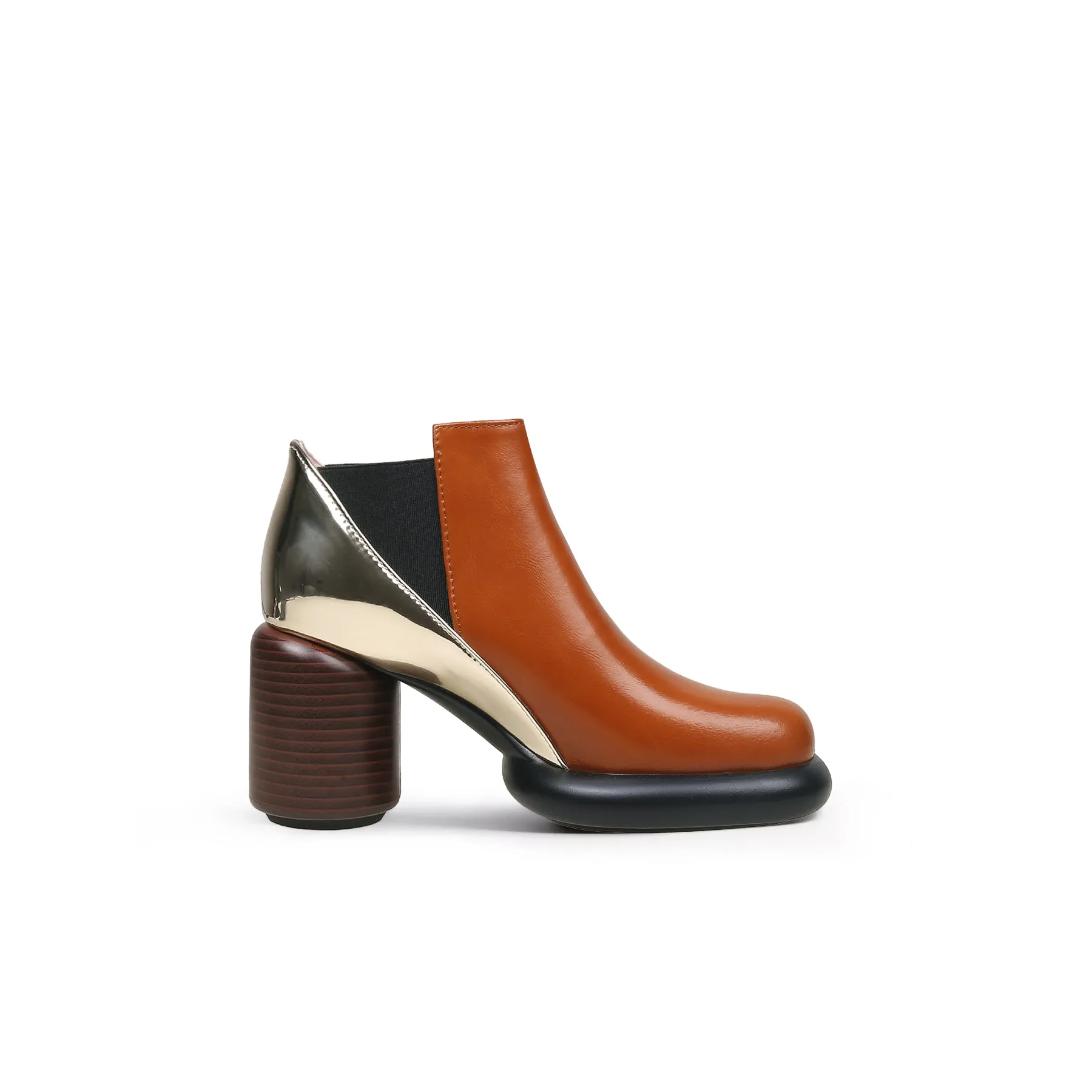 Cylinder Heel Leather Ankle Bootie - Brown