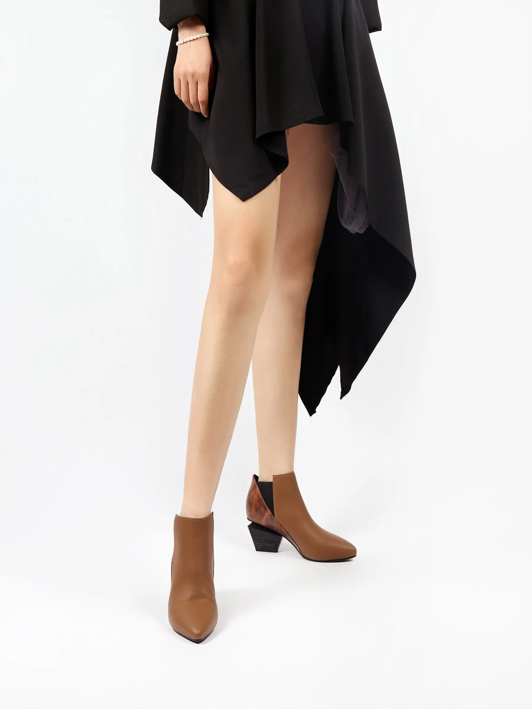 Diamond Heel Leather Ankle Bootie - Brown