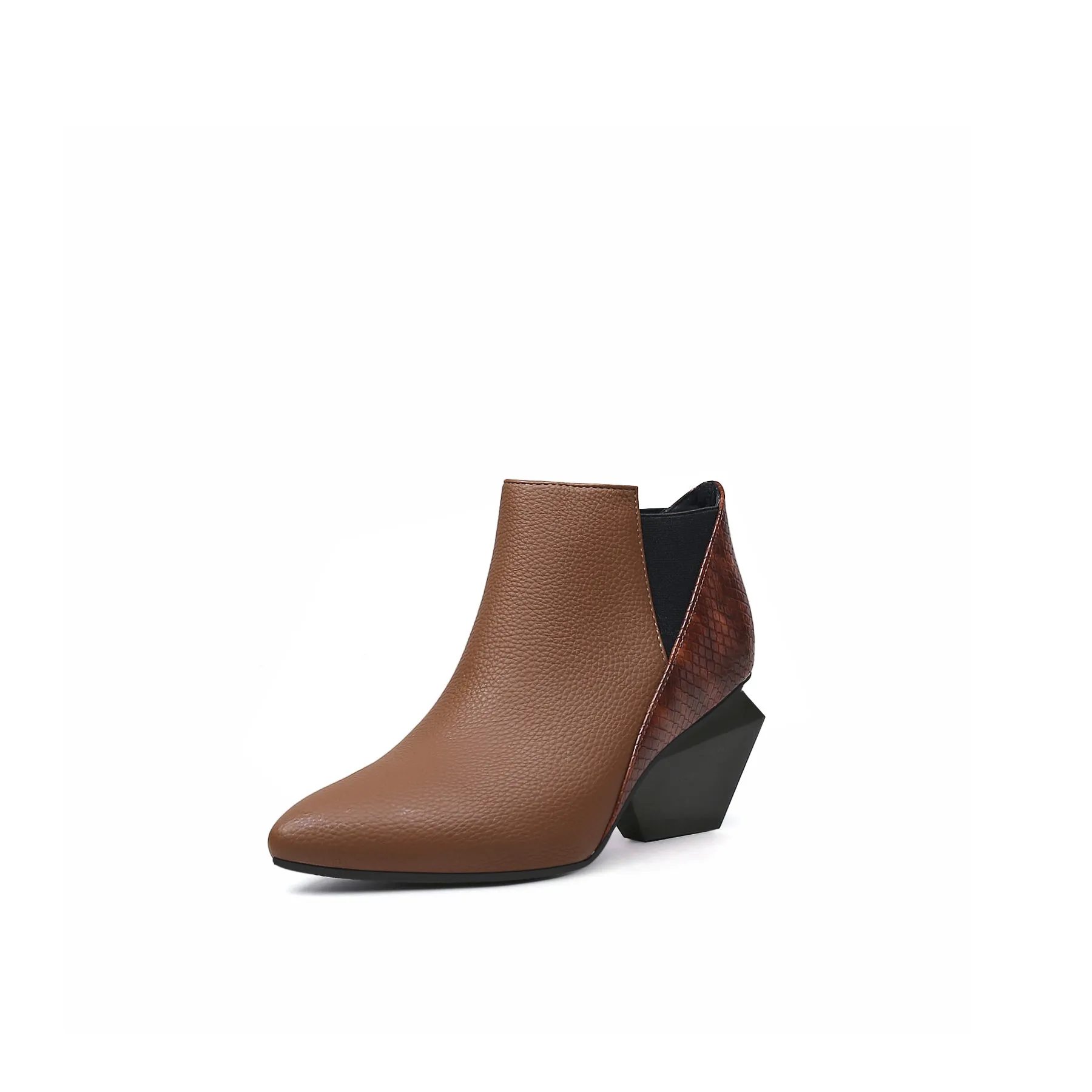 Diamond Heel Leather Ankle Bootie - Brown