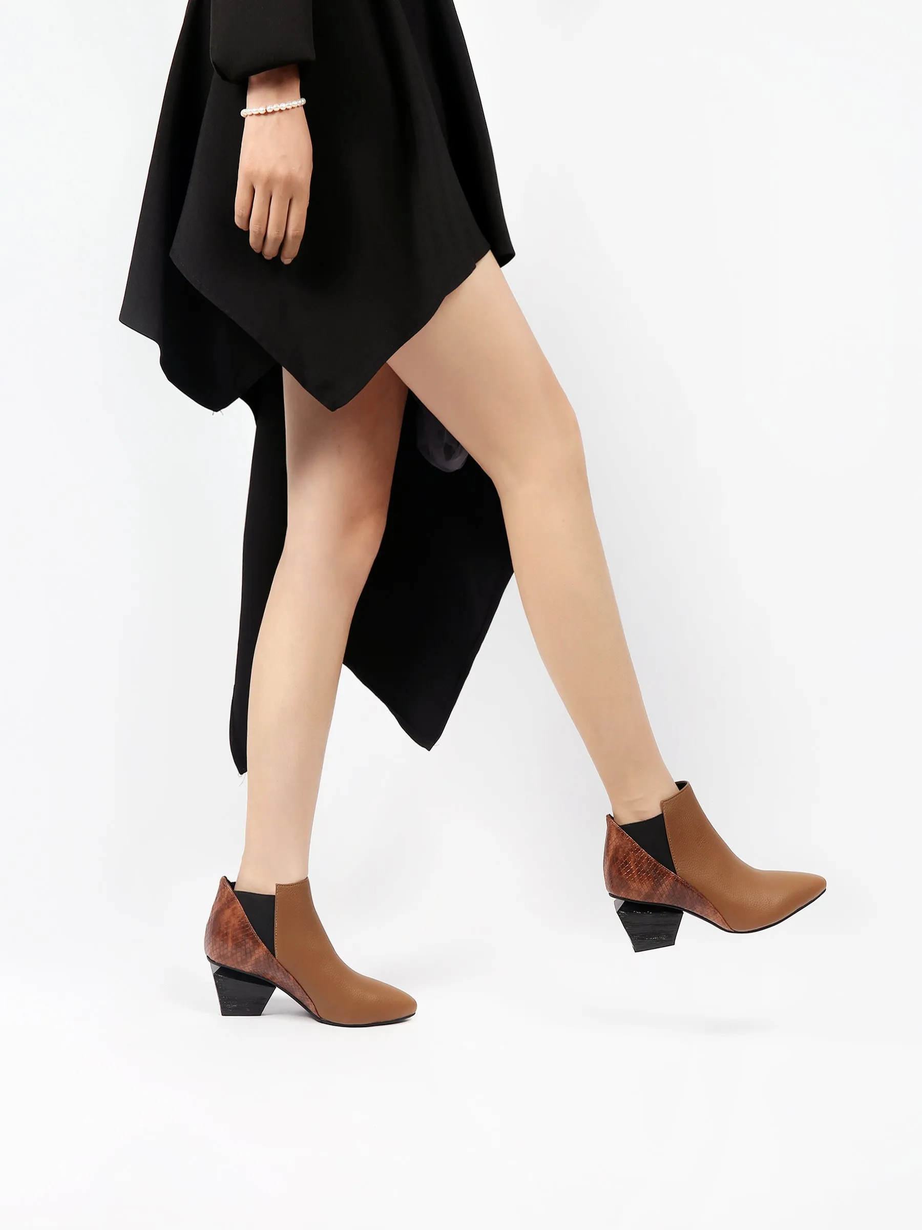 Diamond Heel Leather Ankle Bootie - Brown