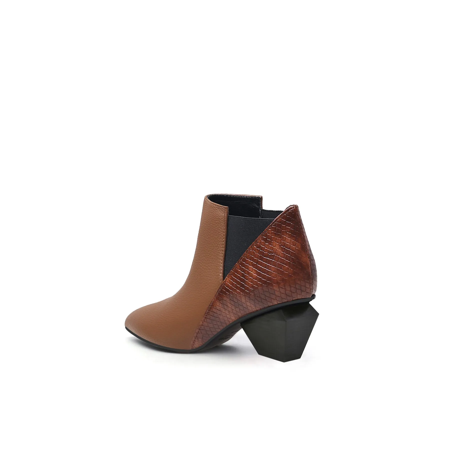 Diamond Heel Leather Ankle Bootie - Brown