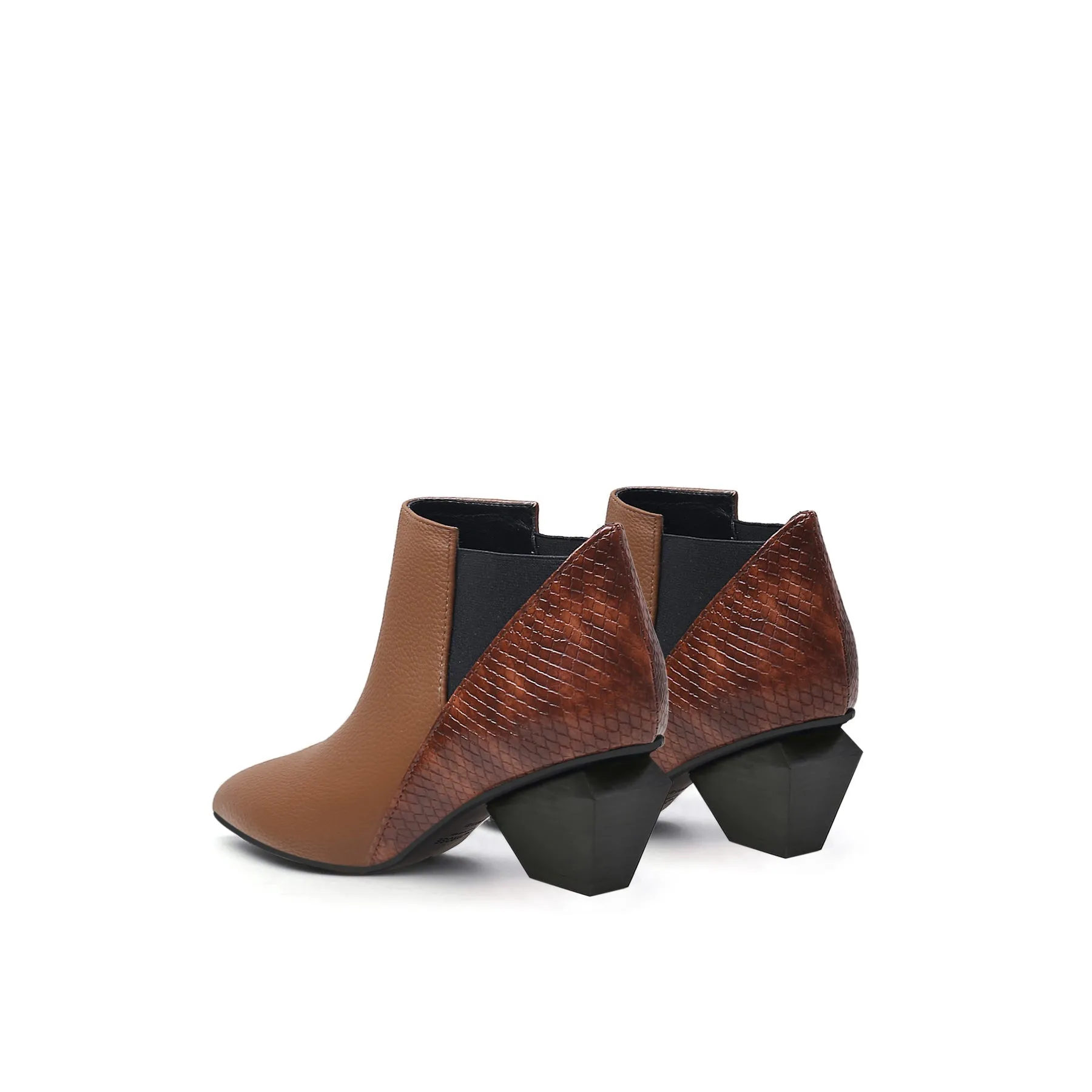 Diamond Heel Leather Ankle Bootie - Brown