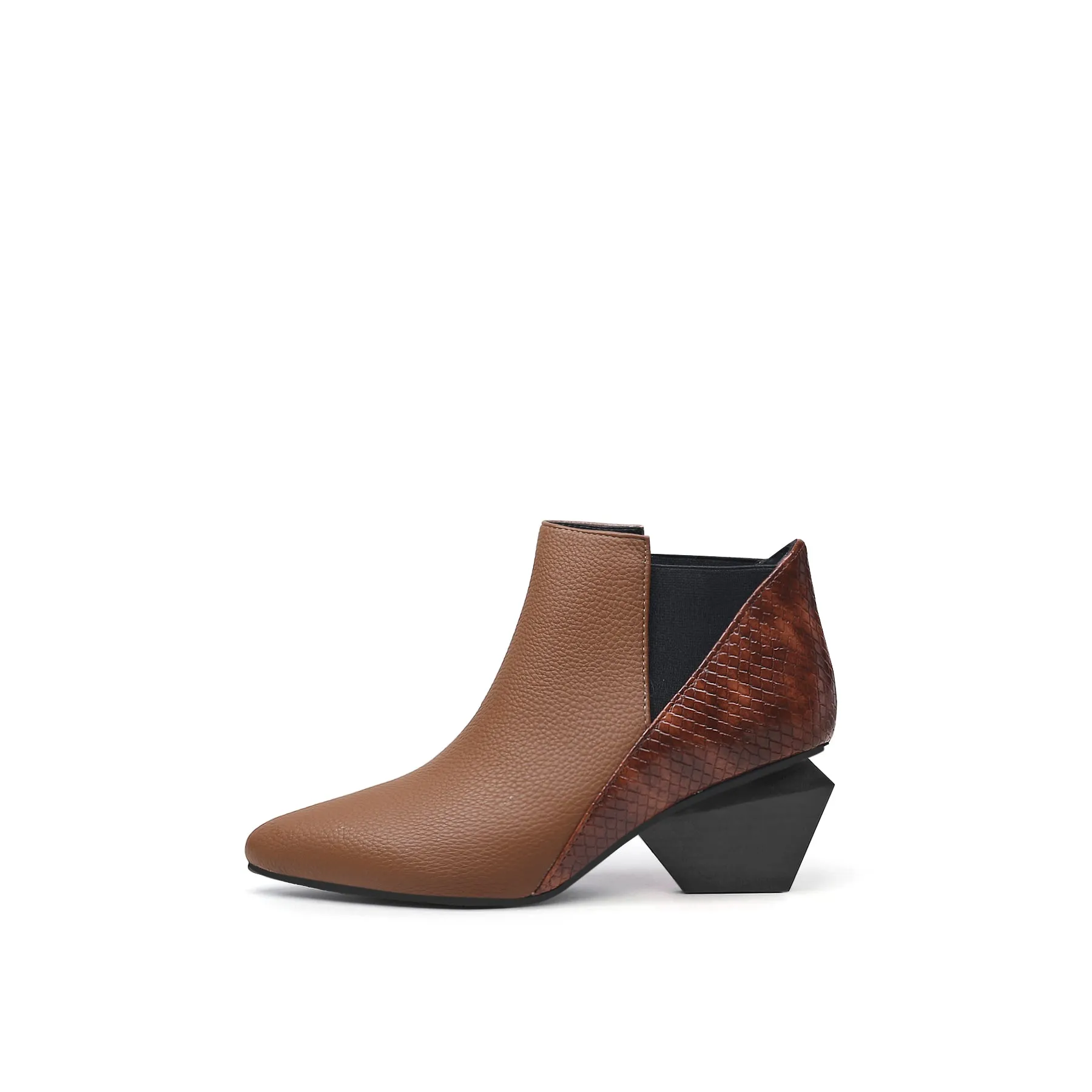Diamond Heel Leather Ankle Bootie - Brown