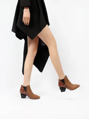 Diamond Heel Leather Ankle Bootie - Brown